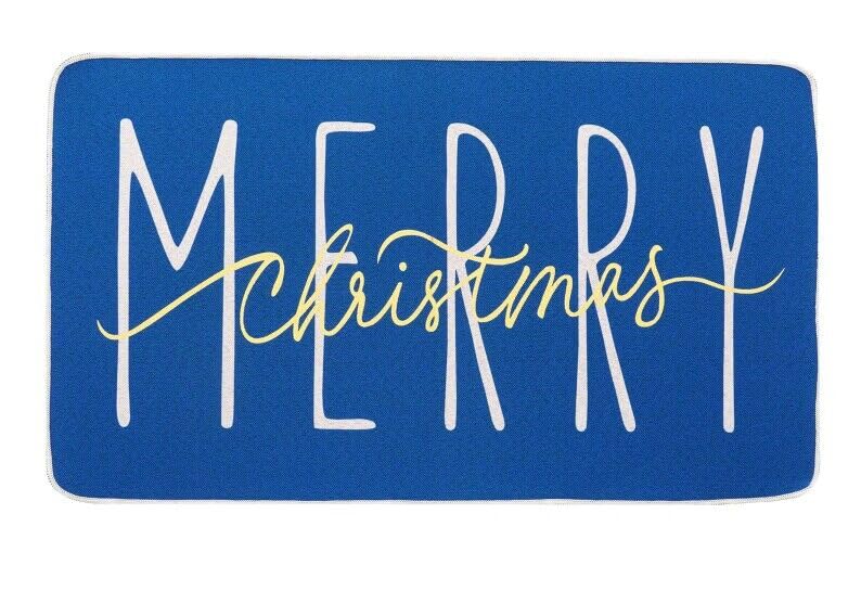 ONWAY Merry Christmas Doormat, Blue Gold Winter Seasonal Door Mat Christmas Holiday Low-Profile Floor Rug Switch Mat for Indoor Outdoor 17.5 x 29