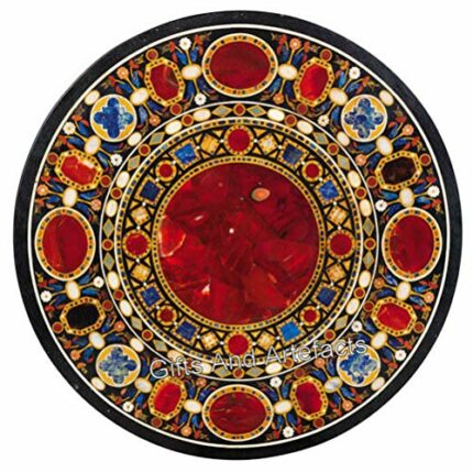 Gifts And Artefacts 42 x 42 Inches Black Marble Round Shape Kitchen Table Unique Pattern Inlay Work Dining Table Top from Indian Cottage Crafts