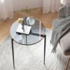 Artloge Round Side Table Tempered Glass: Modern Accent Tables Circle Diameter 50cm Bedside Tables Grey Tinted Tempered Glass Top with Black Metal