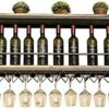 Vintage Wine Racks Wall-Mounted, Kitchen Bar Unit Floating Shelves Rustic Wood Board Wine Bottle Holder Metal Iron Wine Glass Rack Goblet Stemwar