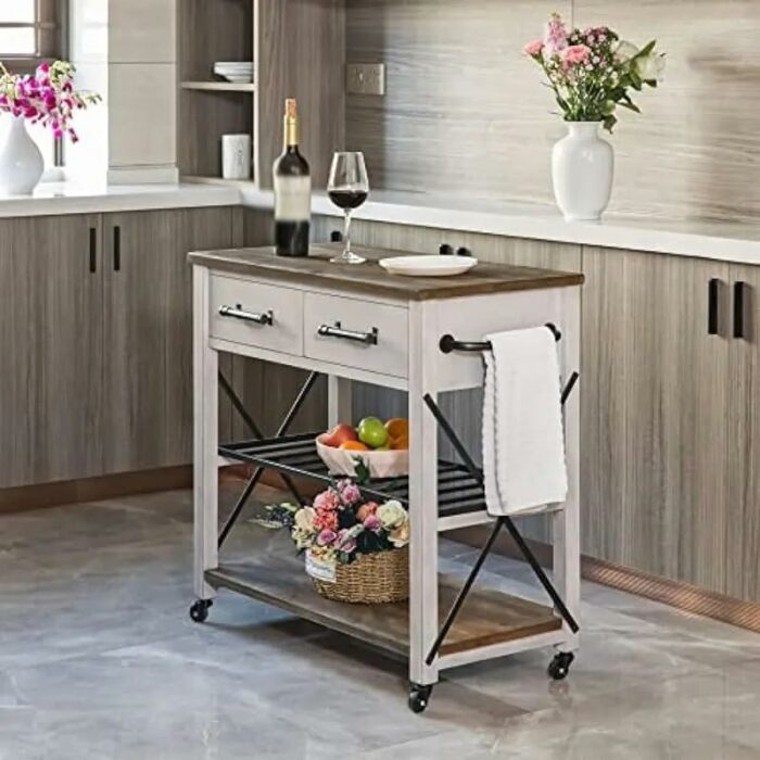BHVXW Brown Kitchen Cart, Coffee Bar And Microwave Stand, Island On Wheels With Storage, Wood And Metal
