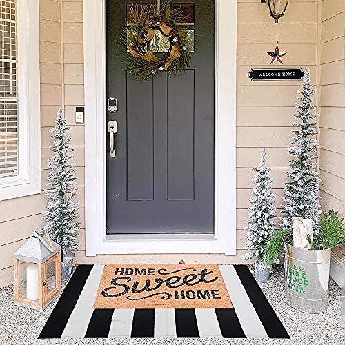 CAINANEL Black and White Striped Outdoor Rug 27.5X 43 inches Front Door Mat Hand-Woven Cotton Indoor/Outdoor for Layered Door Mats,Welcome Door M