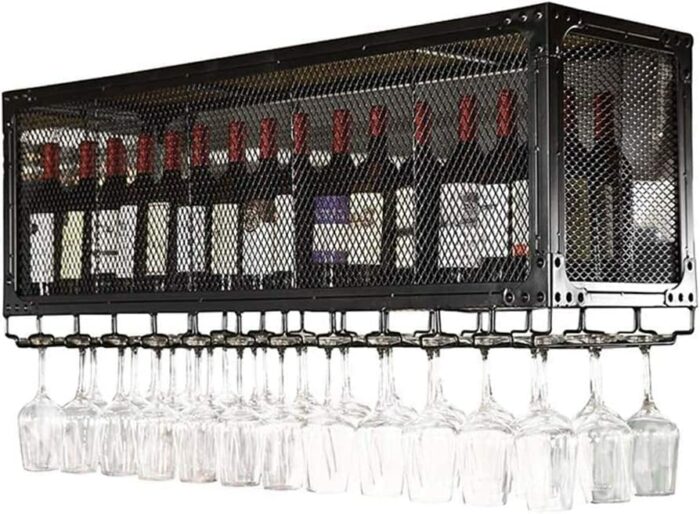 EYLINK Wall Mounted Wine Racks Hanging Wine Holder Vintage Style Bar Wine Bottle Holder Goblet Racks Stemware Rack Grid Wine Cabinet Wine Shelves