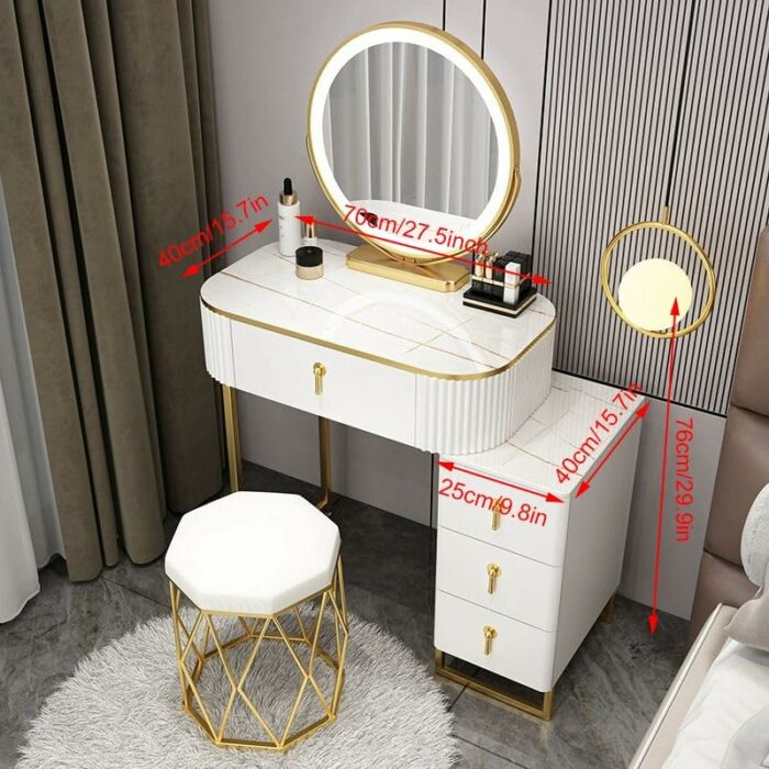 HAWEWE Vanity Desk 3-Color LED Light Mirror Modern Makeup Vanity Set With Nightstand Stool Dressing Table For Girls Women For Bedroom Bathroom (S