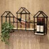 PIBM Wrought Iron Wine Rack Wall Hanging on the Racks Solid Wood Frame Cabinet Restaurant Glass Holder J1114, Black