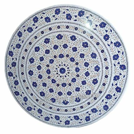 Gifts And Artefacts 36 x 36 Inches Lapis Lazuli Stone Inlay Work Dining Table Top Round Shape White Marble Kitchen Table