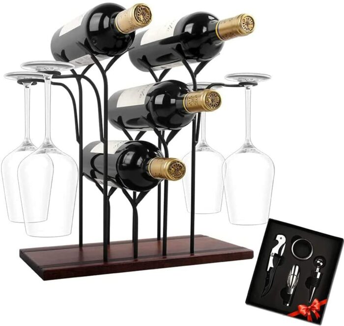 Wine Rack Free Standing Tall Wine Rack with Glass Holder Perfect for Home Decor & Kitchen Storage Rack Etc (Hold 4 Bottles and 4 Glasses)