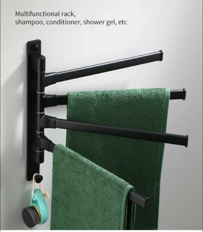 Swivel Towel Rack, Sviwel Towel Bar for Bathroom, Aluminum 4-Arm Towel Bar, Space Saving Wall Mounted Towel Holderwith Hook, Rustproof Swing Out