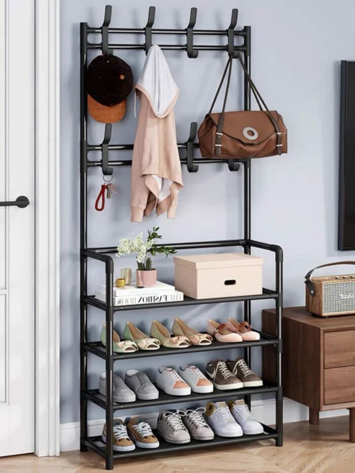 KAYKAI Standing Coat Hanger, Coat Rack with Shoe Storage, Independent with Shoe Storage Clothing Coat Hanger for the Entrance Bedroom Living Room