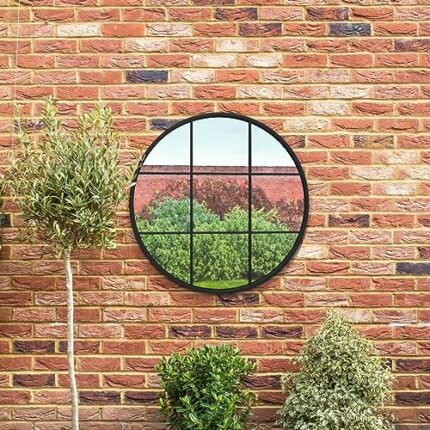 MirrorOutlet The Circulus - Solid Black Metal Framed Window Modern Round Circular Garden Wall Mirror 31" X 31" (80CM X 80CM) Silver Mirror Glass