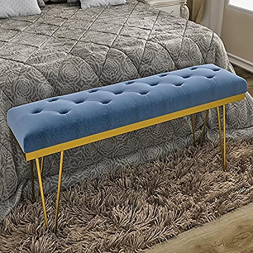Luxurious Upholstered Bench Seat,Modern Velvet End Of Bed Bench With Golden Legs,Multifunction Entryway Bench,Light Blue,100X35X45Cm(39X14X18Inch