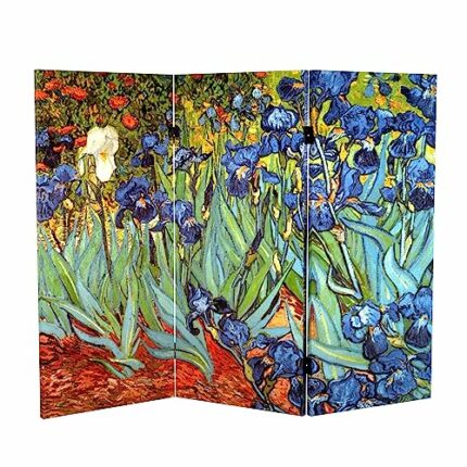 Red Lantern 3 ft. Short Double Sided Works of Van Gogh Canvas Folding Screen Irises/Starry Night Over Rhone 3 Panel Freestanding Partition and Se