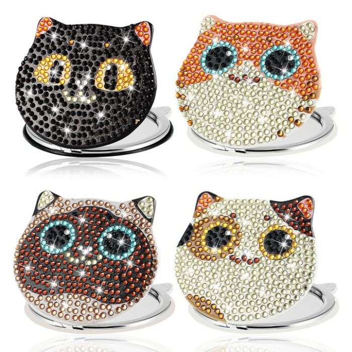 YLOLUL 4 Pcs Cat Diamond Painting Compact Mirror DIY Pocket Mirror with Cat Diamond Painting Cover Portable Magnifying Folding Purse Mirror for W
