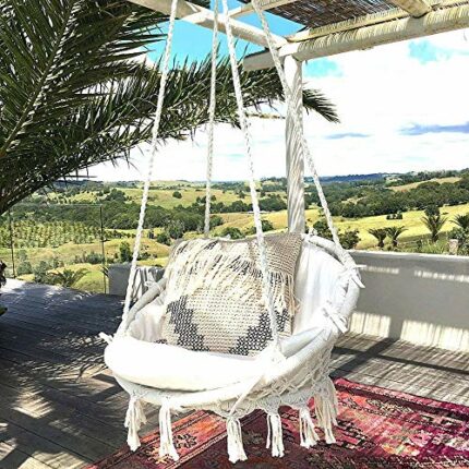 JKsmart Swing&Hanging Chair,Knitted by Cotton Rope with Romantic Fringes Macrame Hammock Swing Chair for Indoor/Outdoor, Patio, Deck, Yard, Garde