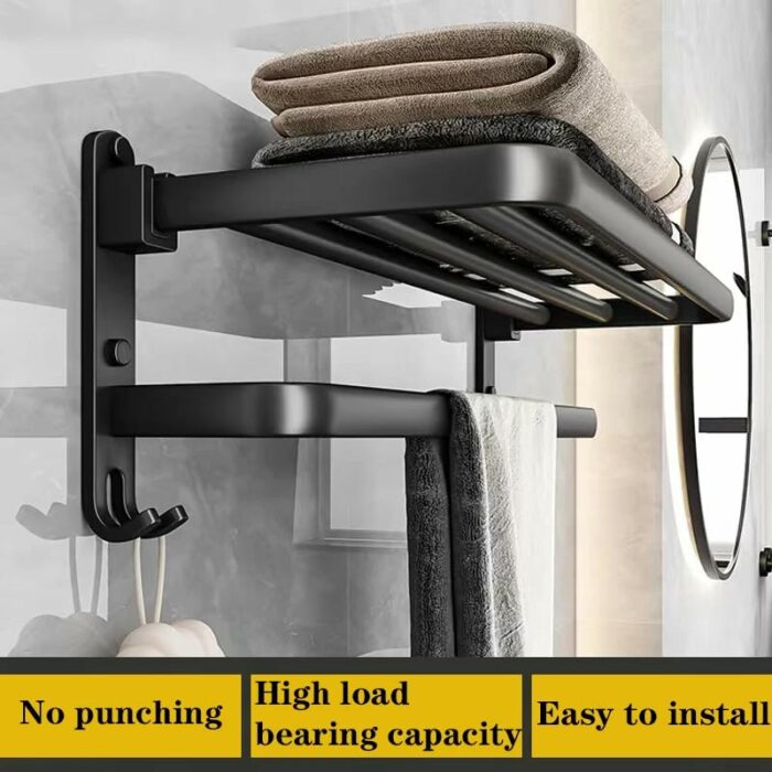 MENES Bathroom Towel Rack, Aluminum Wall Mounted Stainless Steel Self Adhesive Towel Rail, Towel Holder with 2 Towel, with 5 Hooks, for Home Bath