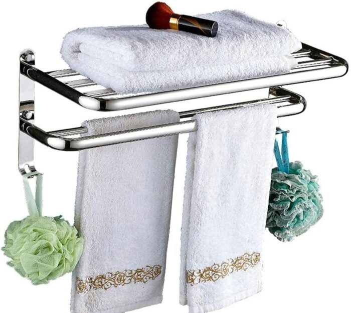 XHALERY Stainless Steel Towel Rack Bathroom Wall Mounted Storage Shelf with Double Towel Bar and Hook One-piece Thick Towel Rail 47.5CM (Size : 3