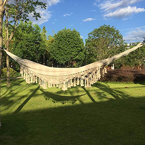 Handmade Cotton Woven Balcony Hammock Hanging Rope Chair Porch Swing with Crochet Fringe for Backyard Patio Garden Outdoor and Indoor Boho Style