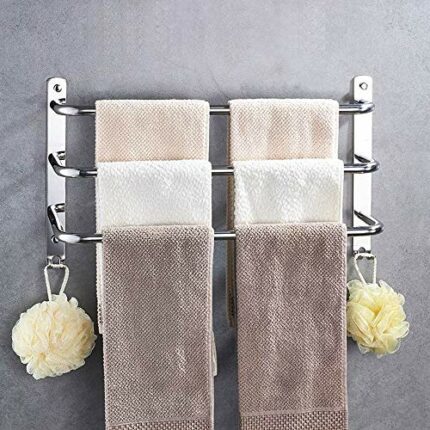 HONPHIER® Towel Rail Chrome 3-Tier Bath Towel Rack with Hooks SUS 304 Stainless Steel Wall Mounted Towel Holder Towel Bar Rail for Kitchen Bathro