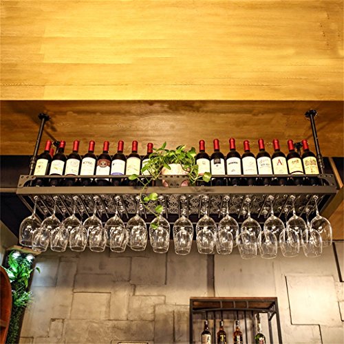 Qunine Wine Racks Adjustable Height, Ceiling Mounted Hanging Wine Bottle Holder Metal Iron Wine Glass Rack Goblet Stemware Racks BLACK, Size : 60