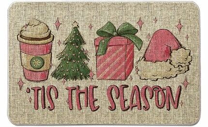 GAGEC Christmas Door Mat Outdoor Rug Pink Christmas Doormat 'Tis The Season Entrance Rug Winter Door Mat Outdoor Farmhouse Decor Home Kitchen Flo