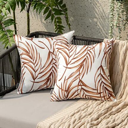 EMEMA Outdoor Cushion Covers Waterproof Pillow Covers Decorative with Bamboo Leaves Polyester Square Pillowcase for Porch Garden Balcony Sofa 2 P