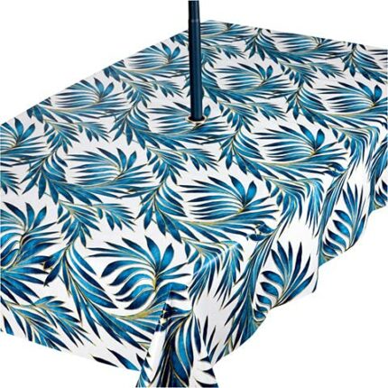 Rosie Lane PVC Wipe Clean Garden Outdoor Tablecloth Protector with Stainless Steel Parasol Umbrella Hole In On-Trend Blue Teal Palm Design 200cm
