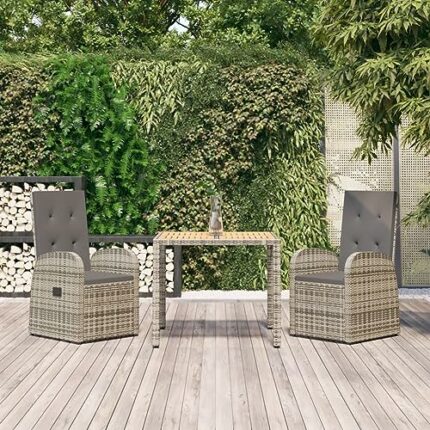 vidaXL Garden Dining Set 3 Piece Outdoor Dining Set Chair and Table Armchair Patio Dinner Table and Chair Grey Poly Rattan and Solid Wood Acacia