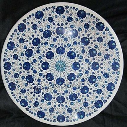 Gifts And Artefacts 48 x 48 Inches Round White Marble Hallway Table Top for Home Furniture Decor Lapis Lazuli Stones Inlaid Dining Table with Roy
