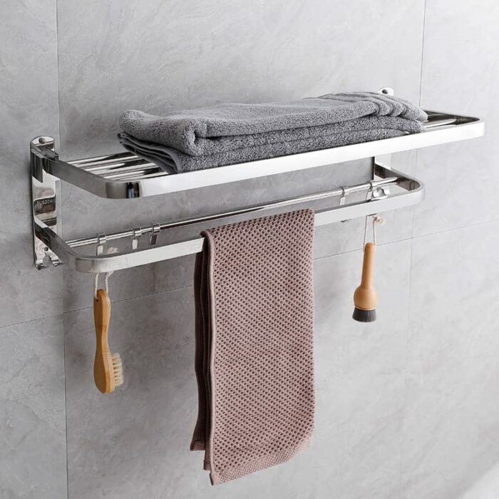 Towel Rack, Stainless Steel Bathroom Towel Rail with Double Towel Shelf, Towel Shower Holder, Wall-Mounted Self Adhesive Shower Shelf Organizer 5