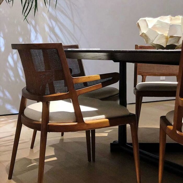 JJZXD Retro Dining Room Furniture With Armrests Backrest Chair Solid Wood Dining Stool Woven Rattan Chair