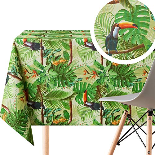 Green Tropical Jungle Wipe Clean Tablecloth - Textil Look - Rectangular 200x140 cm 78x55in - 6 Seats - Waterproof Vinyl PVC Wipeable Plastic Tabl