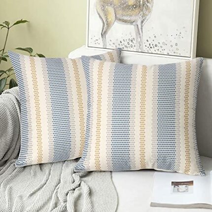 Dremisland Outdoor Waterproof Throw Cushion Covers Set of 2 Blue Yellow Stripe Pillowcases Decorative Farmhouse Water Resistant Pillow Covers for