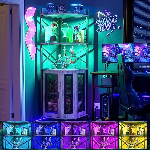 Aheaplus Corner Bar Cabinet with Power Outlet, Industrial Wine Cabinet with LED Strip and Glass Holder, 5-Tiers Liquor Cabinet Bar Unit for Home,