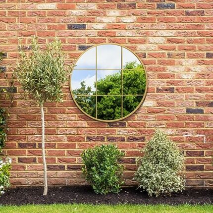MirrorOutlet The Circulus - Solid Gold Metal Framed Window Modern Round Circular Garden Wall Mirror 31" X 31" (80CM X 80CM) Silver Mirror Glass w