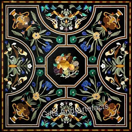 Gifts And Artefacts 36 x 36 Inches Nature Pattern Inlay Work Kitchen Table Black Marble Square Shape Dining Table Top add Royal Look to your Life