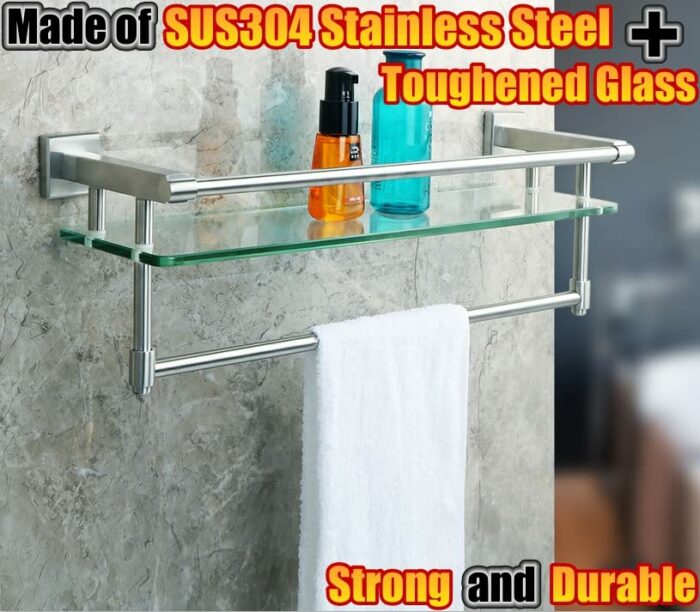 Alise Shower Glass Shelf SUS 304 Stainless Steel Bathroom Wall Shelf with Towel Bar/Rail Wall-Mount 21-Inch,GK9012 Brushed Finish