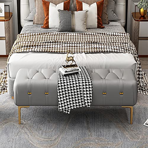 Luxurious End of Bed Bench,Leather Upholstered Bench Bedroom Bench with Golden Legs,Entryway Bench,Modern Bench Seat for Livng Room-Light Gray 80