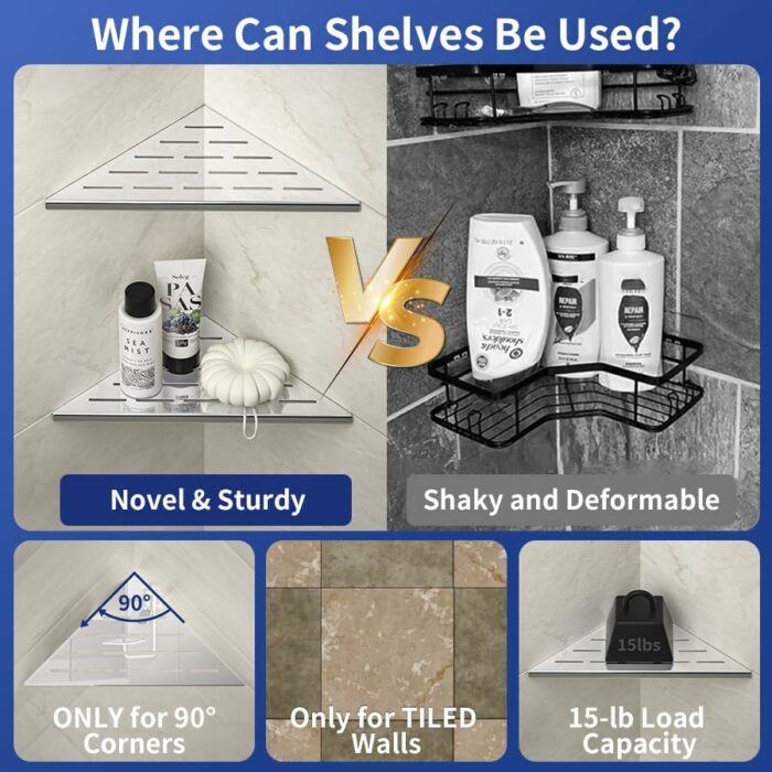 Bernkot Corner Shower Shelf 10" Polished 304 Stainless Steel Recessed Corner Shelves with Slot Design Bathroom Shelf Racks for Tiled Wall, No Dri