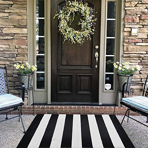 CAINANEL Black and White Striped Outdoor Rug 27.5X 43 inches Front Door Mat Hand-Woven Cotton Indoor/Outdoor for Layered Door Mats,Welcome Door M