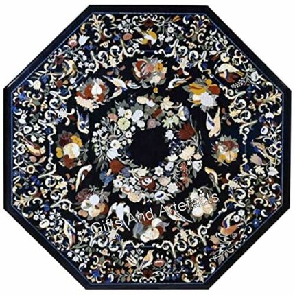 Gifts And Artefacts 60 x 60 Inches Pietra Dura Art Dining Table Top for Home Decor Black Marble Octagon Shape Kitchen Table