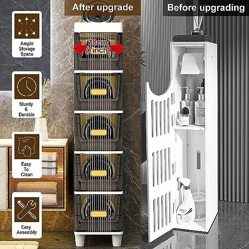 Bathroom Floor Cabinet with Drawers, Large Capacity Slim Toilet Paper Storage Cabinet with Plastic Clear Drawers 18cm Upgrade Storage Tower Vanit