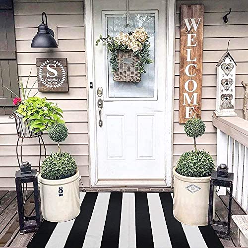 CAINANEL Black and White Striped Outdoor Rug 27.5X 43 inches Front Door Mat Hand-Woven Cotton Indoor/Outdoor for Layered Door Mats,Welcome Door M