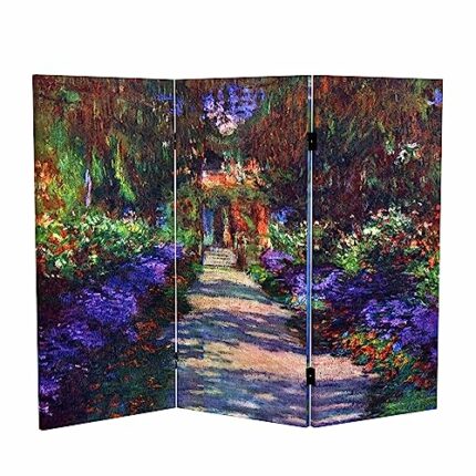 Red Lantern 3 ft. Short Double Sided Works of Monet Canvas Folding Screen Lilies/Garden at Giverny 3 Panel Freestanding Partition and Separator f