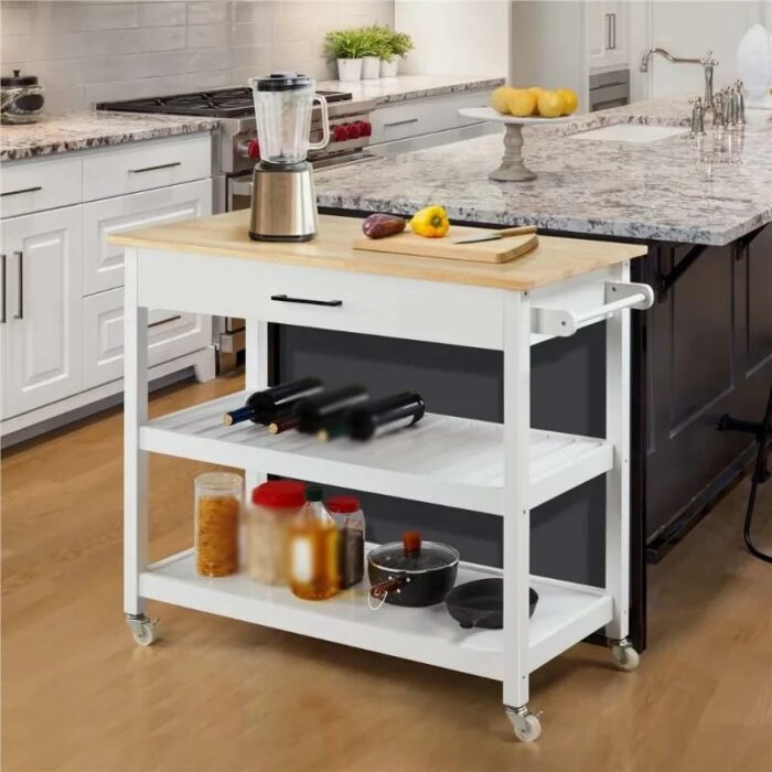 GRETD Wooden Kitchen Cart With Storage Shelves And Drawer Multi-Purpose Rolling Kitchen Furniture Rolling Storage Cart