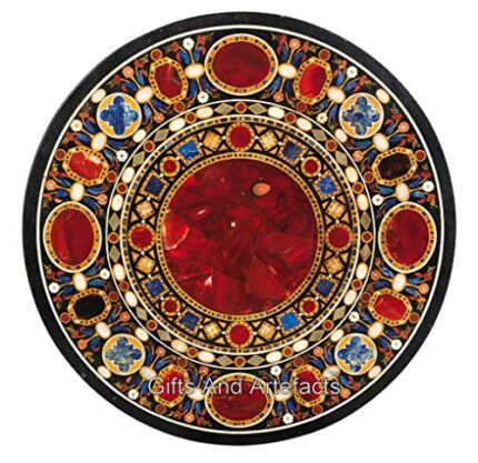 Gifts And Artefacts 48 x 48 Inches Heritage Art Dining Table Top for Home Furniture Decor Round Shape Black Marble Office Meeting Table
