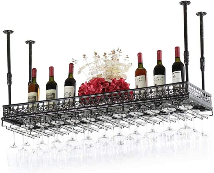 Wine racks Home/Bar Retro Hanging Metal Wine Shelf with Stemware Holder, Wine Glass & Bottle Organizers, Vintage Wall Mounted Adjustable, for Bar