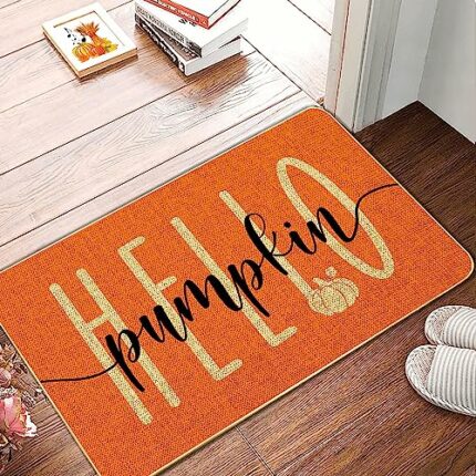 Hello Pumpkin Door Mat Welcome Decorative, Autumn Thanksiving Pumpkin Farmhouse Outdoor Indoor Patio Entrance Door Mats Low Profile Non Slip Outs