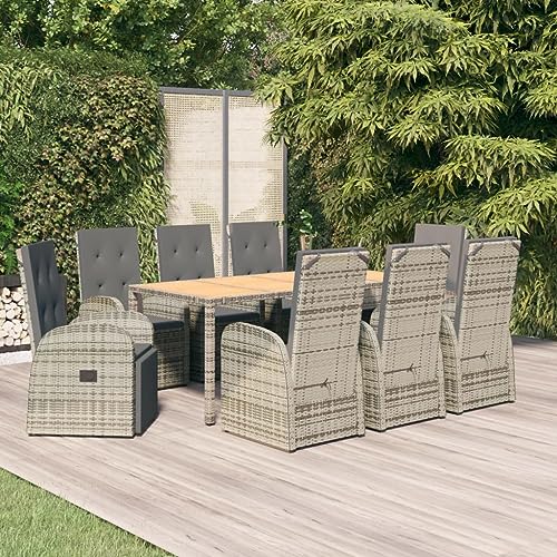 vidaXL Garden Dining Set 9 Piece Outdoor Dining Set Chair and Table Armchair Patio Dinner Table and Chair Grey Poly Rattan and Solid Wood Acacia
