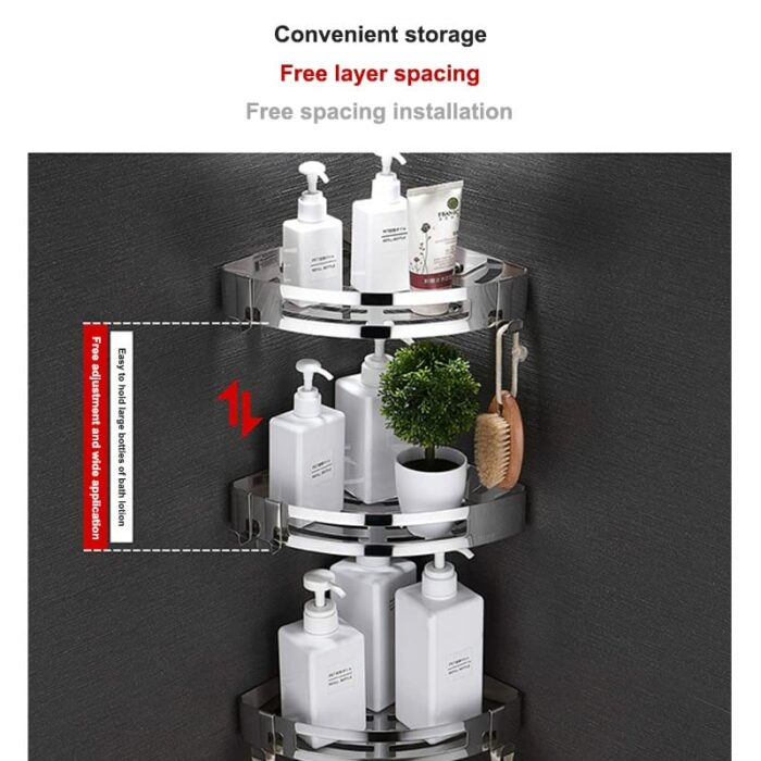 EYHLKM Layers Corner Shower Shelf Bathroom Shampoo Shower Shelf Holder Stainless Steel Punch Free Kitchen Tripod Corner Stand (Color : Argento)