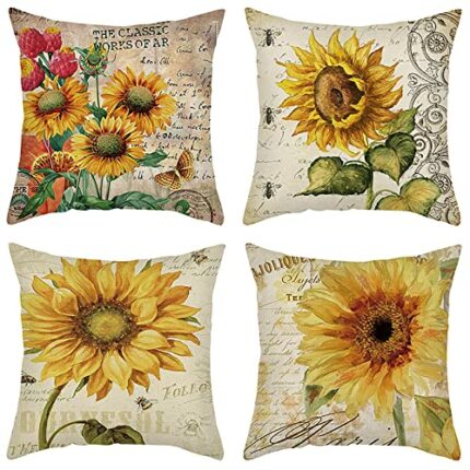4 Sets Flower Cushion Covers Decorative Throw Pillow Cover Square Pillowcase for Home Bed Sofa Car Outdoor Garden Decor 45 x 45cm (18x18, Sunflow